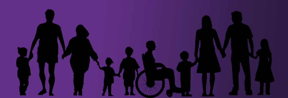 Siluetas negras de personas con y sin discapacidad sobre fondo morado