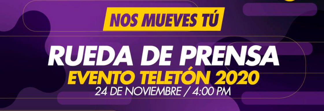Diseño de texto blanco sobre fondo morado: Rueda de prensa Evento Teletón 2020a