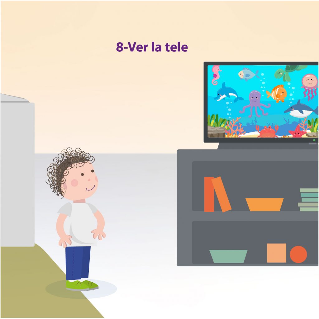 Ilustración de un niño viendo una caricatura en la televisión, con el texto: "Paso 8: ver la tele"