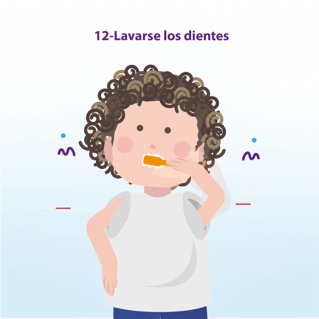 Ilustración de niño lavando sus dientes, con el texto: "Paso 12: Lavarse los dientes"