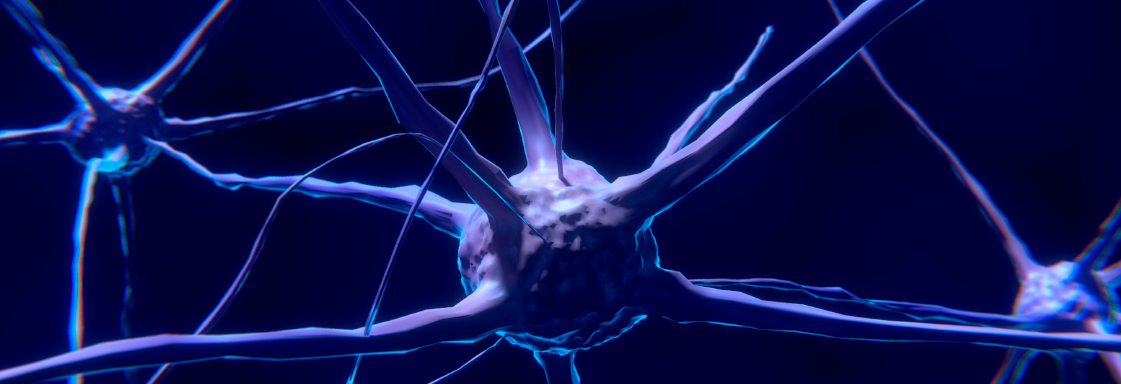 Diseño de un neurotransmisor color azul, con fondo negro.