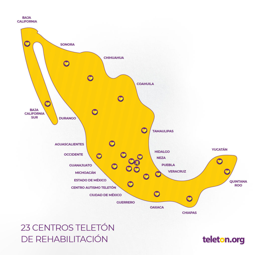 Diseño de mapa de la república mexicana con las ubicaciones de 23 Centros Teletón
