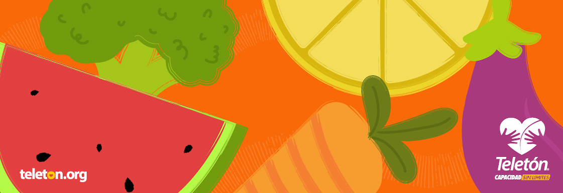 Ilustración de frutas y verduras coloridos sobre un fondo naranja. De izquierda a derecha: una zanahoria, una sandía, una berenjena y una naranja