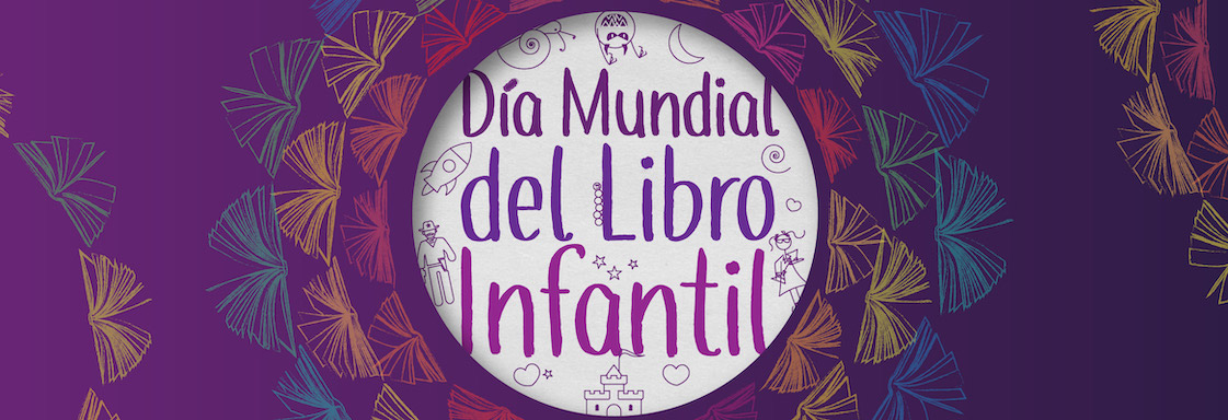 Portada con diseño. Fondo morado con texto en blanco: Día mundial del libro infantil