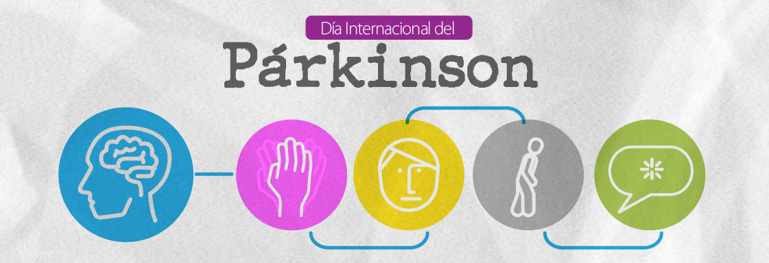 Diseño con cinco íconos, de izquierda a derecha: ícono de cerebro, ícono de mano, ícono de rostro, ícono de persona caminando, ícono de globo de texto. En la parte superior aparece el texto: Día Internacional del Párkinson