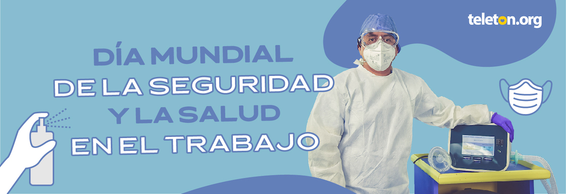 Diseño con fondo azul. Texto en blanco: Día mundial de la seguridad y la salud en el trabajo.
