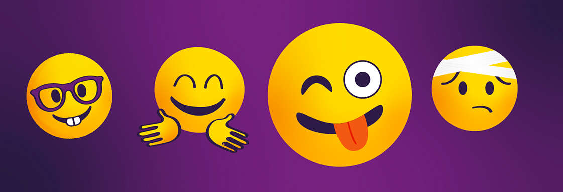 Cuatro emojis sobre un fondo morado: emoji 1, con lentes; emoji 2, sonriente; emoji 3, guiñando un ojo y sacando la lengua; emoji 4, con mueca de tristeza y una venda en la cabeza