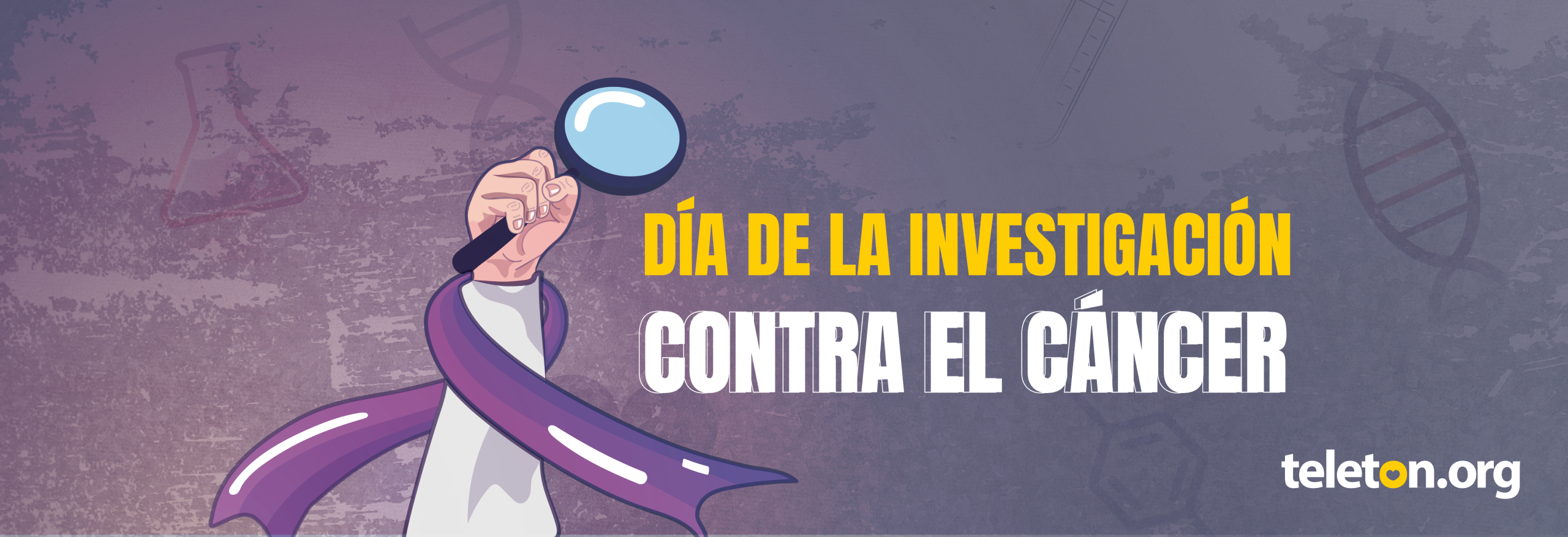Imagen con ilustración de una mano con una lupa y el texto Día de la investigación contra el cáncer