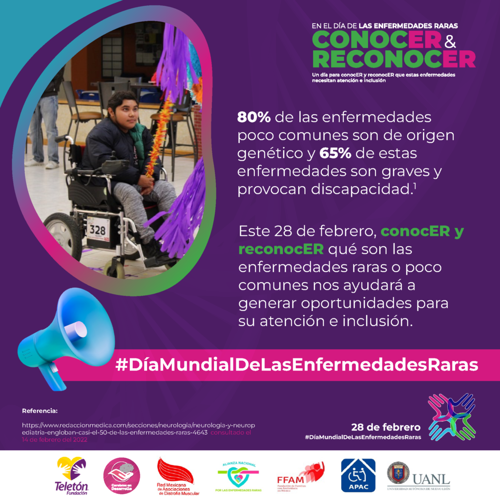 80% de las enfermedades poco comunes son de origen genético y 65% de estas enfermedades son graves y provocan discapacidad.
Este 28 de febrero, conocer y reconocer qué son las enfermedades raras o poco comunes nos ayudará a generar oportunidades para su atención e inclusión. #DíaMundialDeLasEnfermedadesRaras