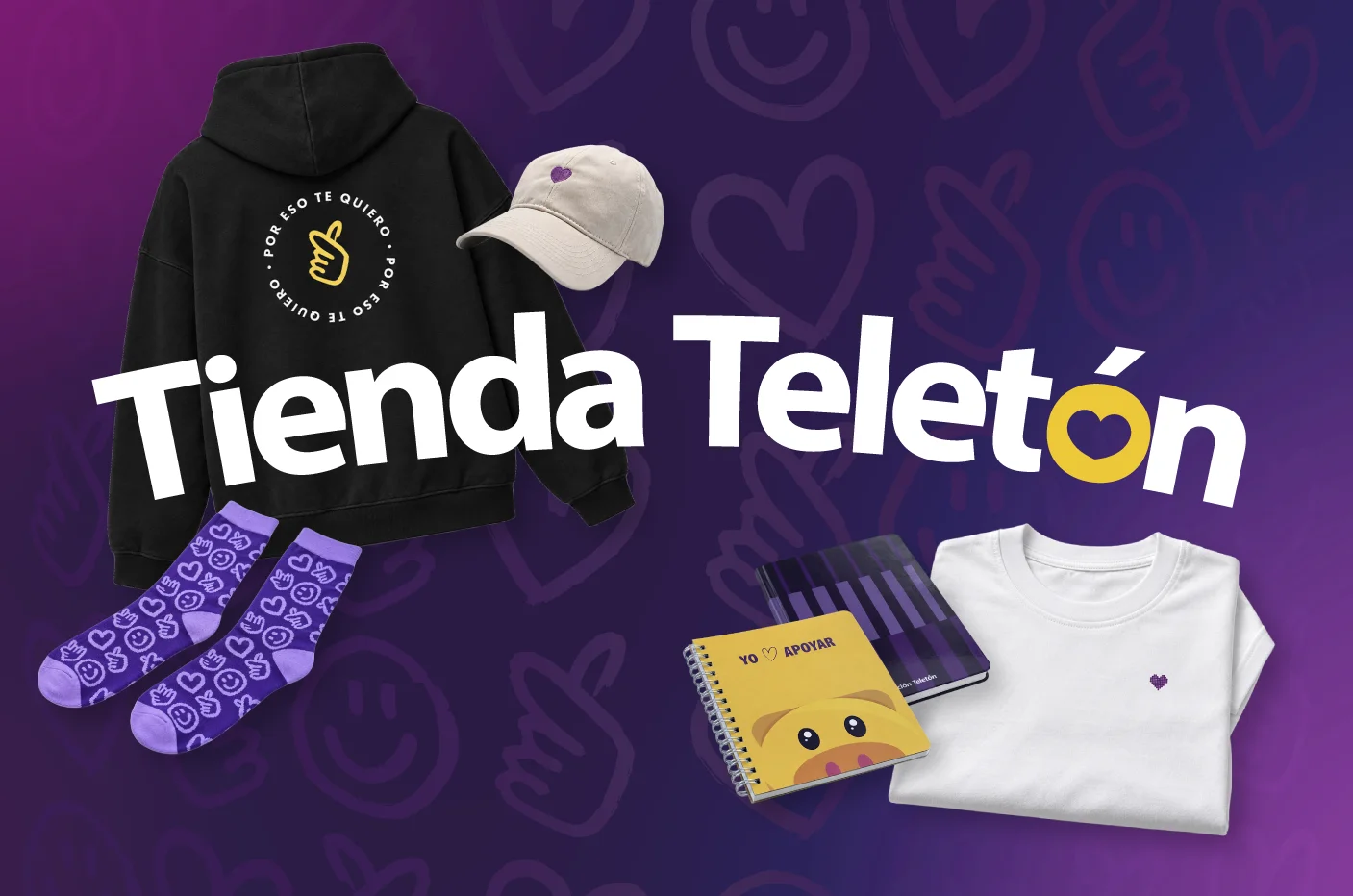 Tienda Teletón: sudadera, gorra, calcetines, playera y libreta con diseños de Teletón